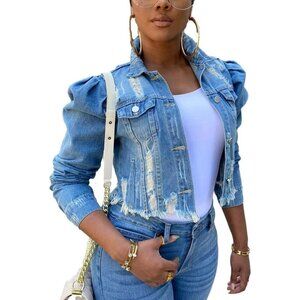Women's Ripped Puff Sleeve Denim Crop Top Long-Sleeve Cropped Jean Jacket Blue